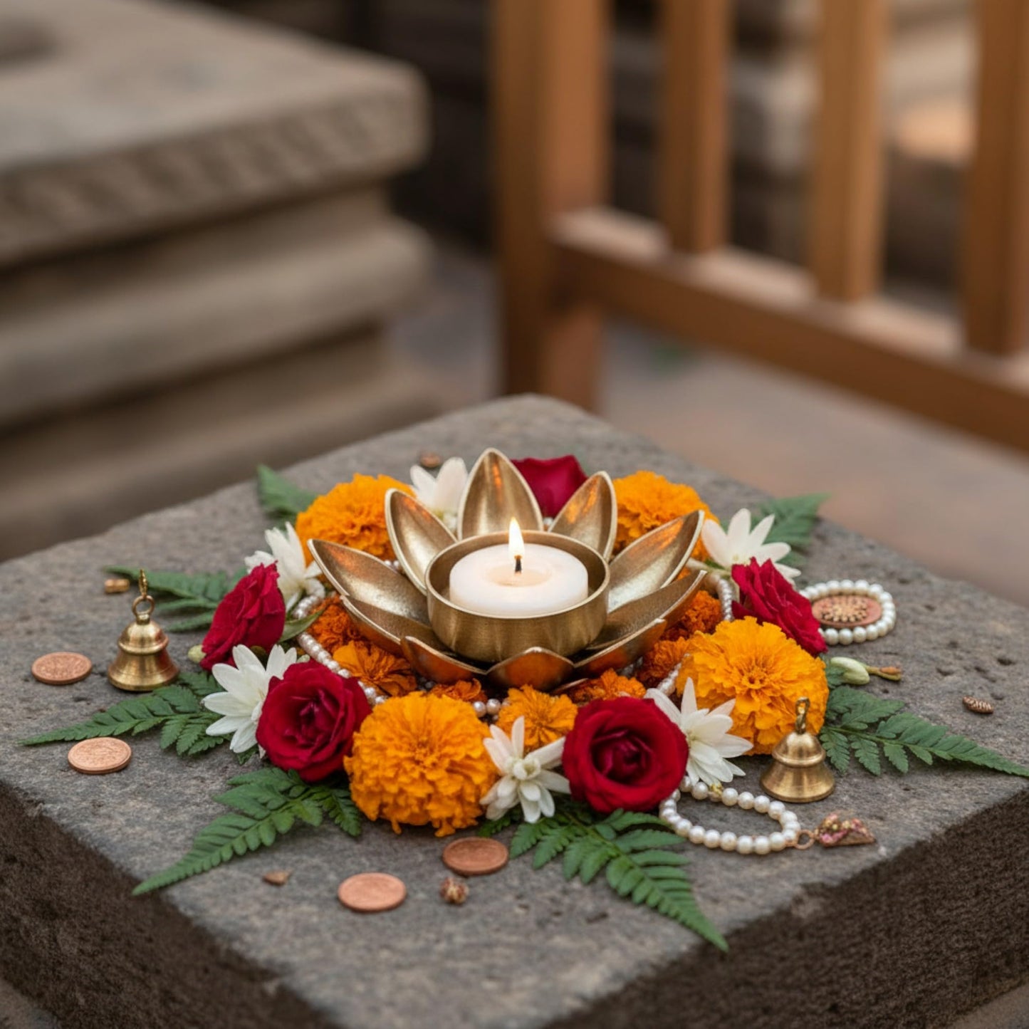 Decorative Lotus Flower Tea Light Candle Holder, Bronze Metal, 3 Inch, Floral Design