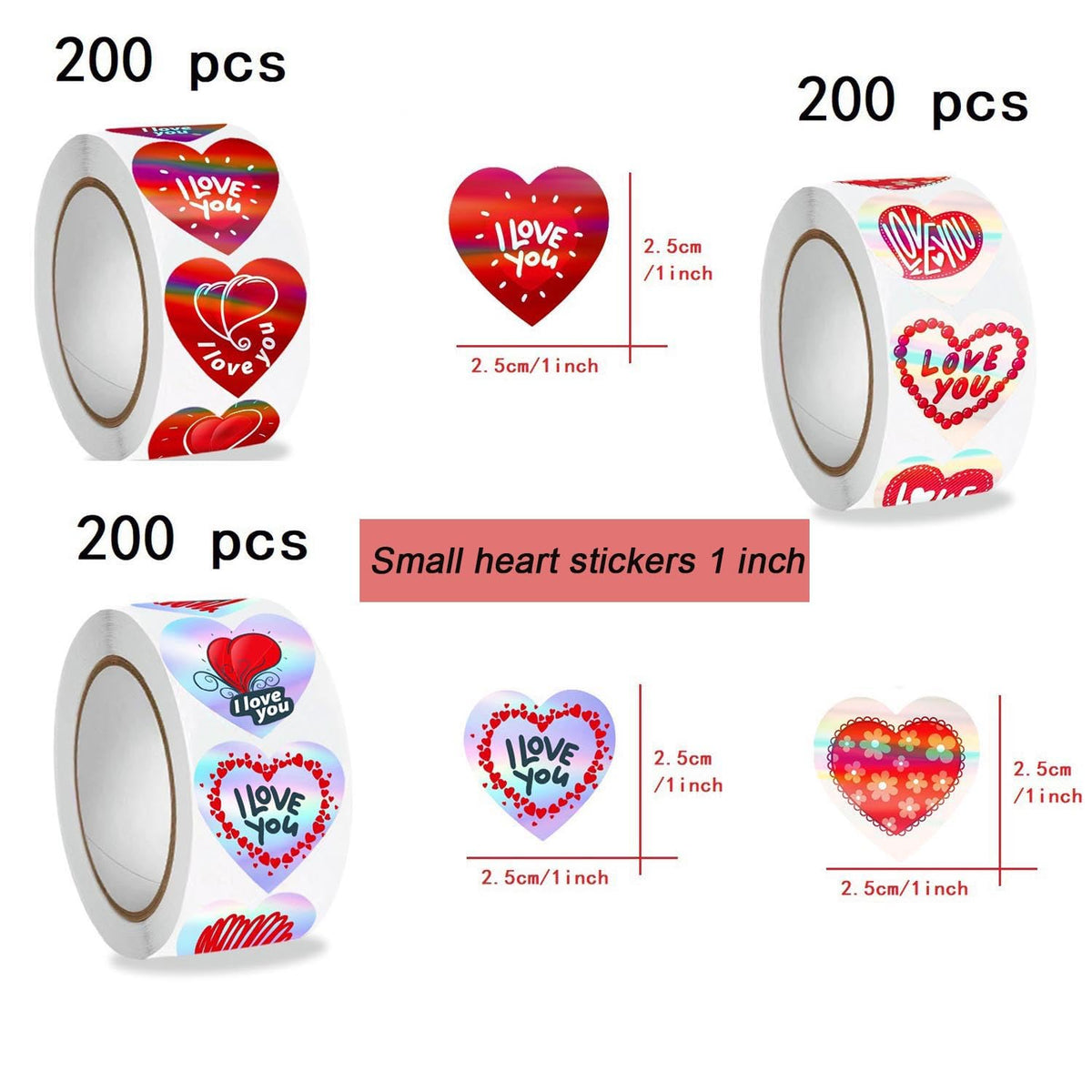Glitter & Holographic Red Heart Shaped Stickers with “I Love You “Stickers 600PCS 1" 18 Designs for Valentine's Day, Mother's Day Gifts, Wedding Decor, Envelopes,Invitations & Scrapbook
