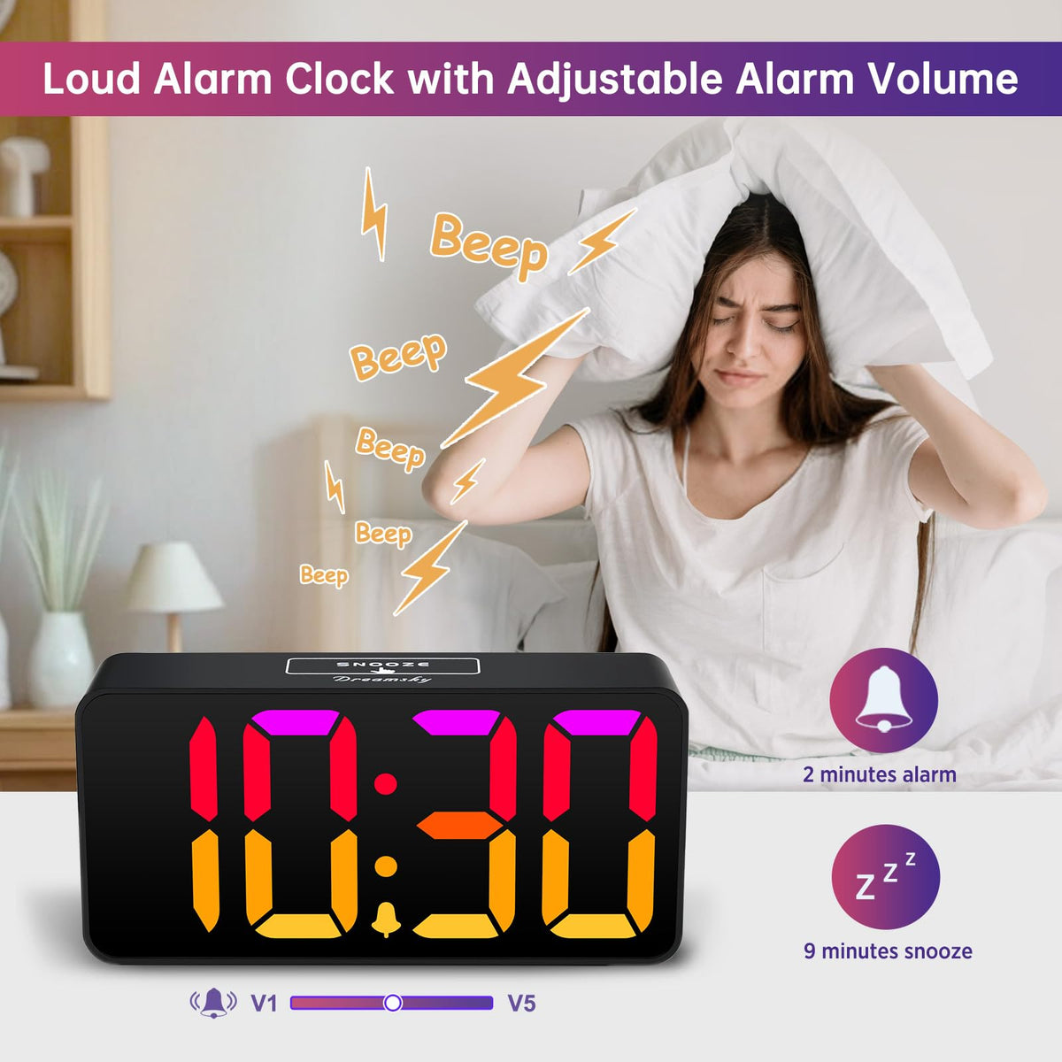 DreamSky Large Digital Alarm Clock Big Numbers for Seniors & Visually Impaired, RGB 9 Inches Desk Clock for Bedroom, Dimmable Jumbo Display, USB Ports, Loud Alarm for Heavy Sleepers, Adjustable Volume