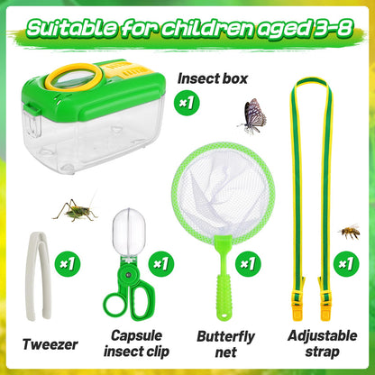 Biubee Bug Catcher for Kids- Sturdy Bugs Catching Kit with Collector Butterfly Net Tweezer, Bug Habitat Outdoor Explorer Kit Gift for Kids Age 3 4 5 6 7 8, 8Pcs, Green