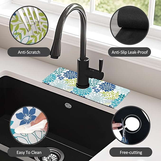 15" X 5.5" Kitchen Sink Splash Guard Faucet Mat Floral Super Absorbent Fast