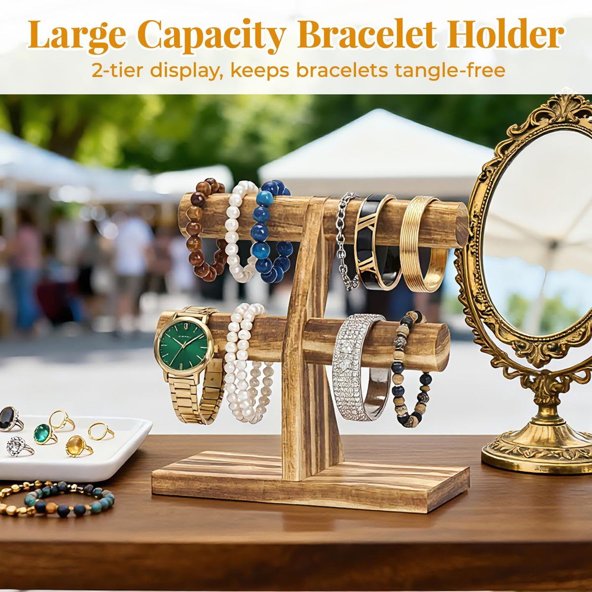EsLuker.ly Bracelet Holder Display Wooden Stand Organizer, T Bar Bangle Storage Rack for Home Vendors Business Selling, Large Capacity 2 Tier Jewelry Tree Tower for Watches, No Clutter, Rustic Brown
