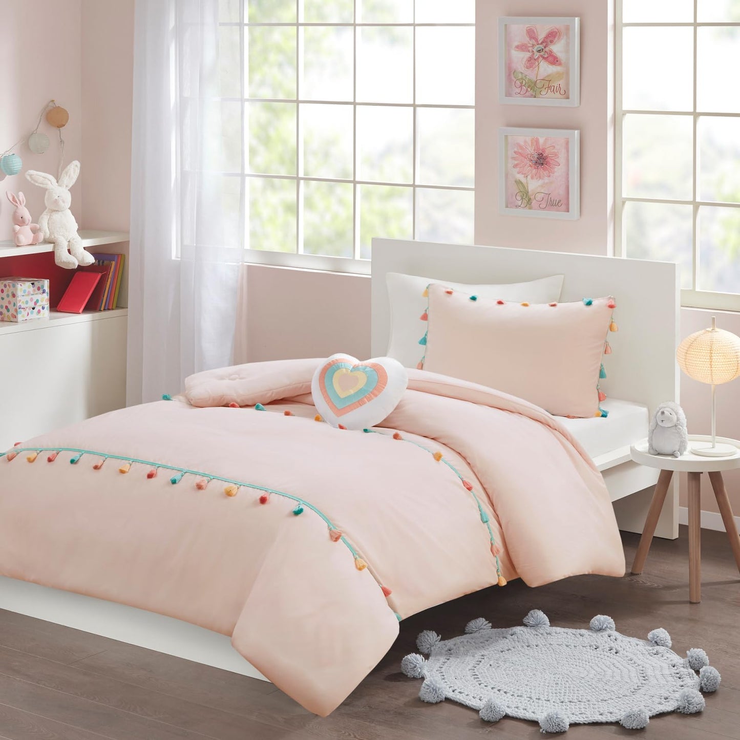 Intelligent Design Kids Twin Comforter Set for Girls, Pink Twin Comforter Set, Tessa Adorable Twin Bedding Sets for Girls, Fun Pom Pom Tassel, Sham, Boho Heart Throw Pillow, Twin, Blush 3 Piece