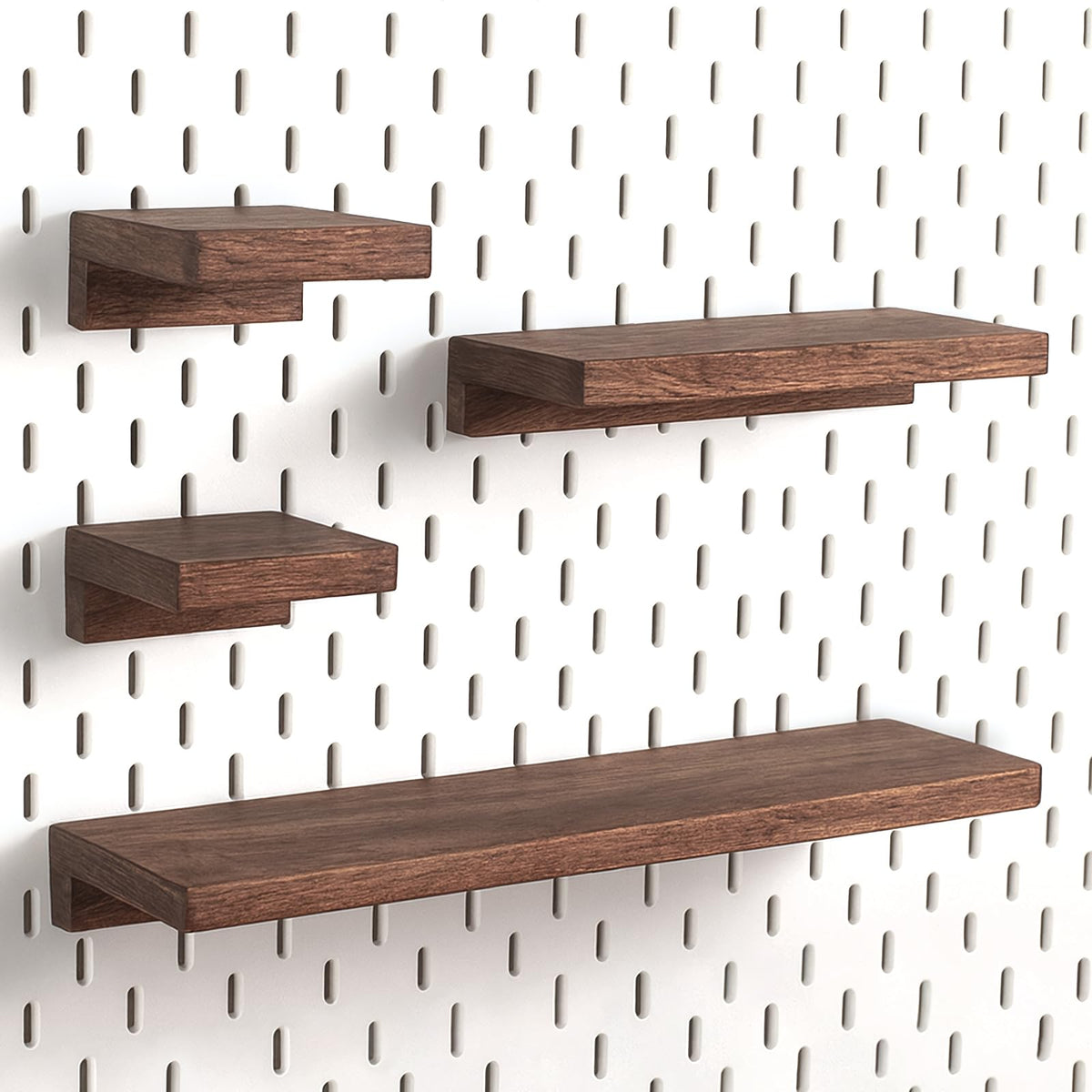 SEMPOMA Pegboard Shelf Set Compatible with IKEA Skadis Pegboard - Walnut Finish Wood Shelves, 4-Pack No Assembly Pegboard Wall Organizers