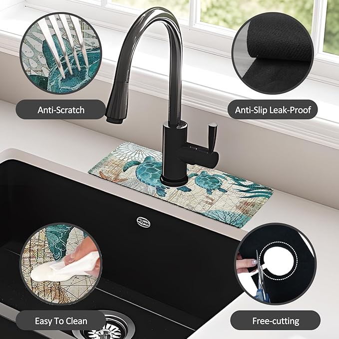 2PCS 15" X 5.5" Kitchen Sink Splash Guard Faucet Mat Sea Turtles Super