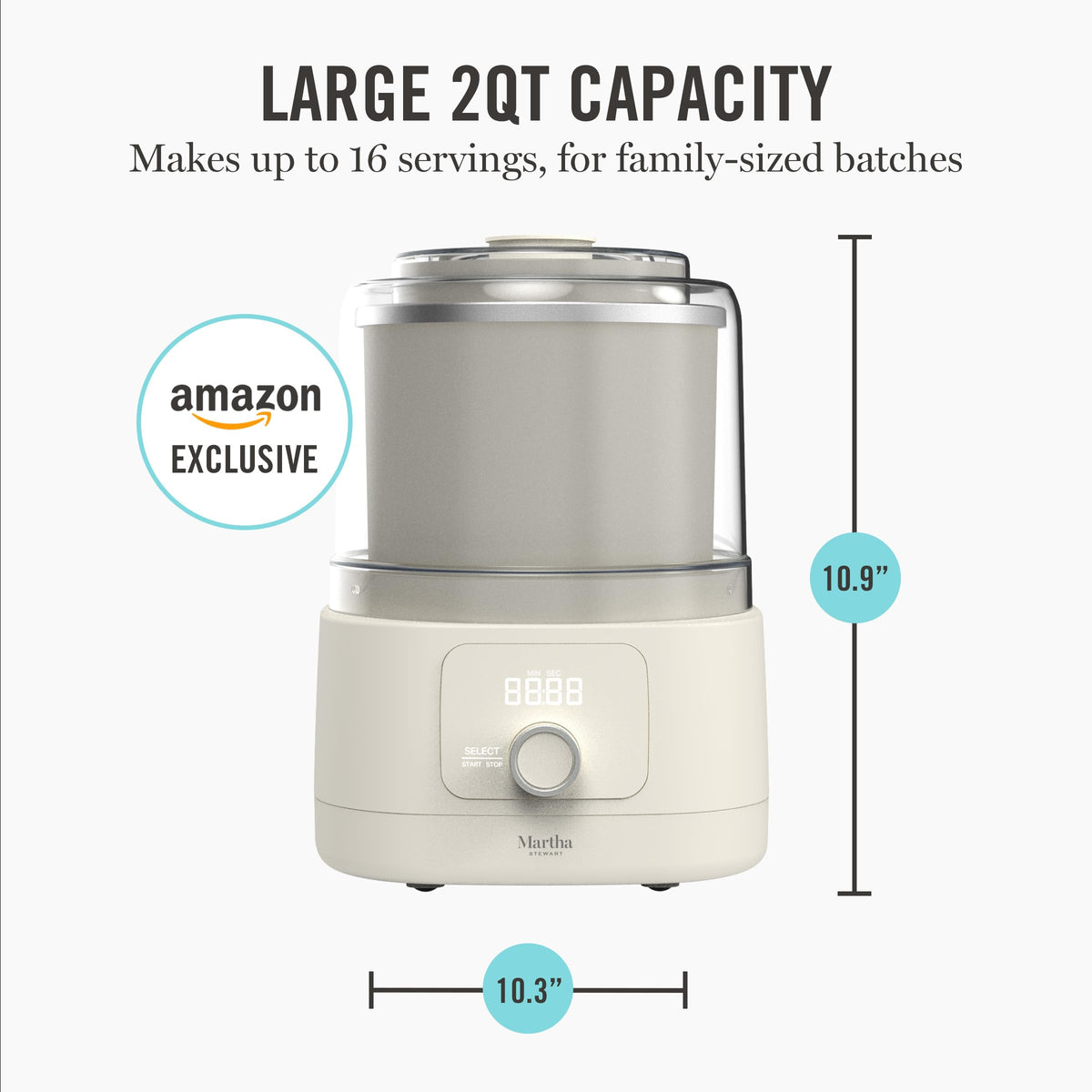 Martha Stewart Ice Cream Maker, 2 Quart Double-Insulated Freezer Bowl, Sorbet & Frozen Yogurt, Ready in 20 Minutes, Mix-Ins Chute, Easy to Clean, Linen Cream