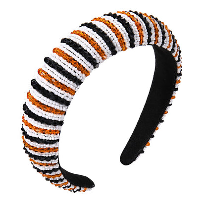 NVENF Halloween Headband Crystal Rhinestone Headbands for Women Orange Black Beads Embellished Padded Hairband Wide Bejewelled Headband Spooky Hair Accessory Gifts (Halloween)