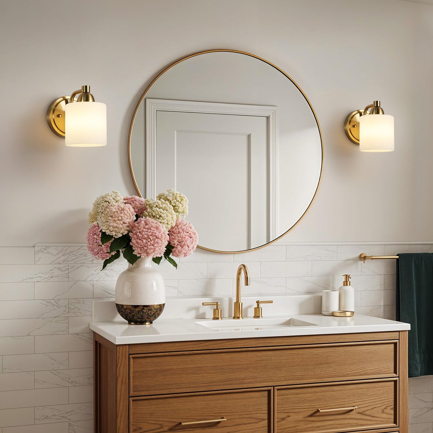 Mecgirn Gold Milk Glass Wall Sconces, 1 Pack Hardwired Indoor Wall Light Fixtures for Living Room, Hallway, Bedroom, Ceramic E26 Sockets (Bulbs Not Included)
