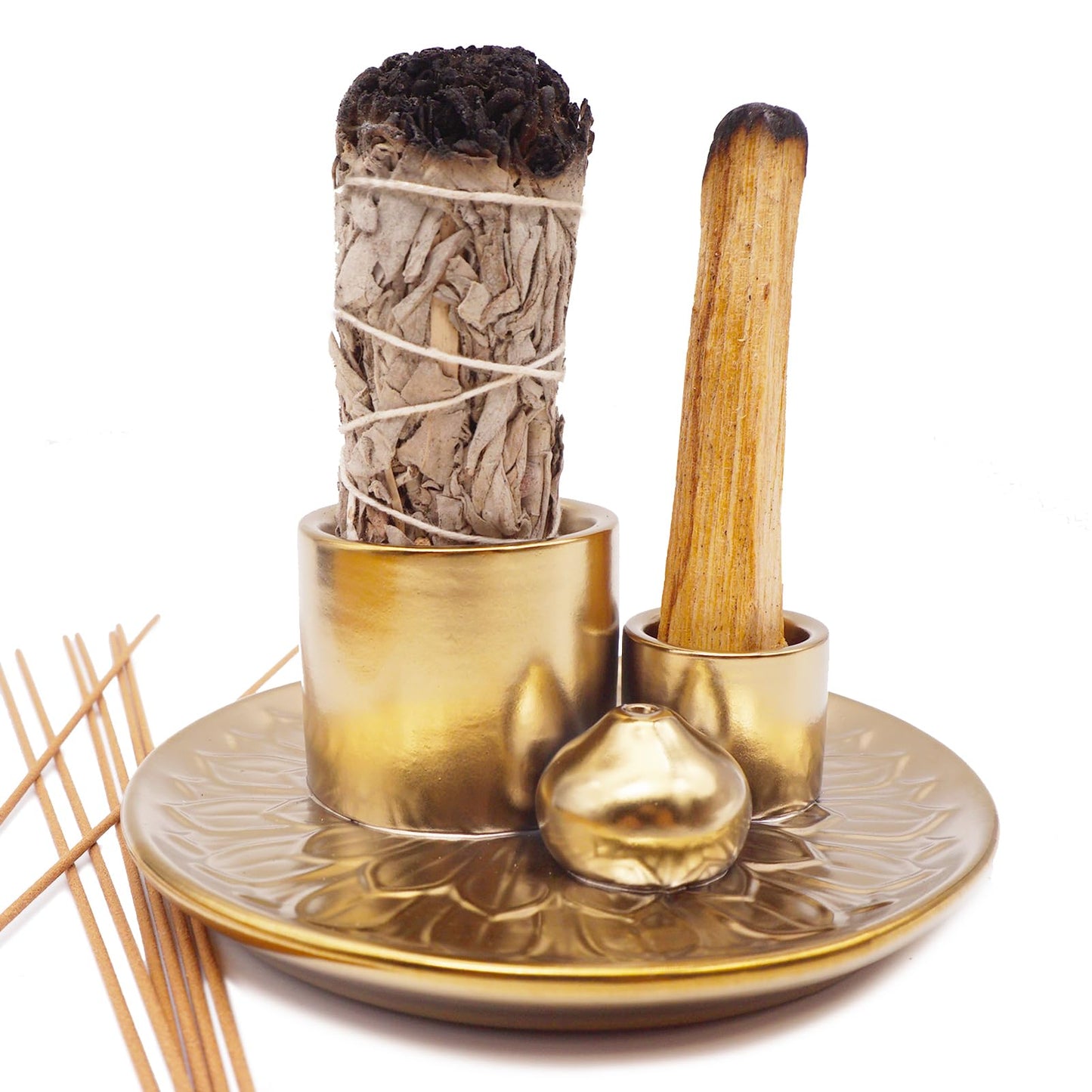 4 in 1 Incense Burner Holder with Ash Catcher, Gold-Plated Ceramic Tray for Burning Incense Sticks, White Sage, Palo Santo, Candle