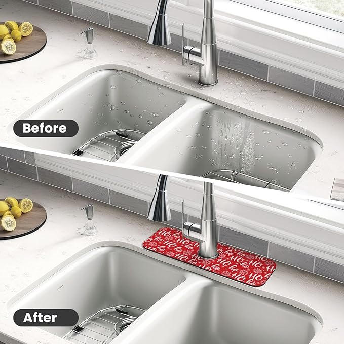 Christmas Snowflake Ho Red Buffalo Plaid Kitchen Sink Splash Guard Faucet Mat 1