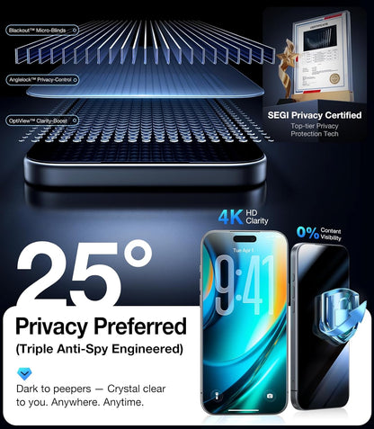 UltraGlass 9H+ Glass for iPhone 15 Pro Max Privacy Screen Protector [Invisible Privacy Armor] Screen Protector 15 Pro Max Tempered [Full Coverage & Longest Durable] 15 ProMax, 2 Pack