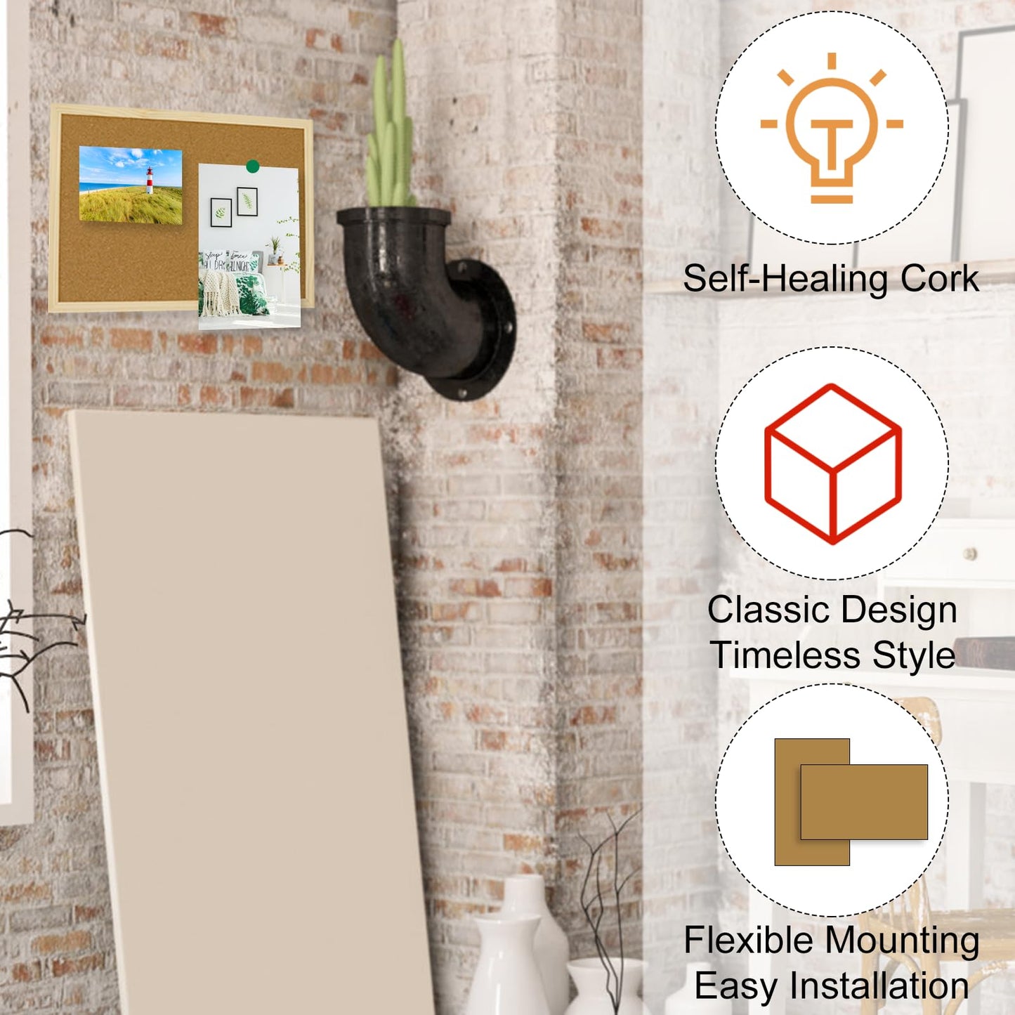 OWLKELA 60x40cm Thicken Cork Notice Pin Memo Board with 10 Pushpins and Hanging Rings Vision Bulletin Board for Office, Classroom or Home Classic Wooden Frame
