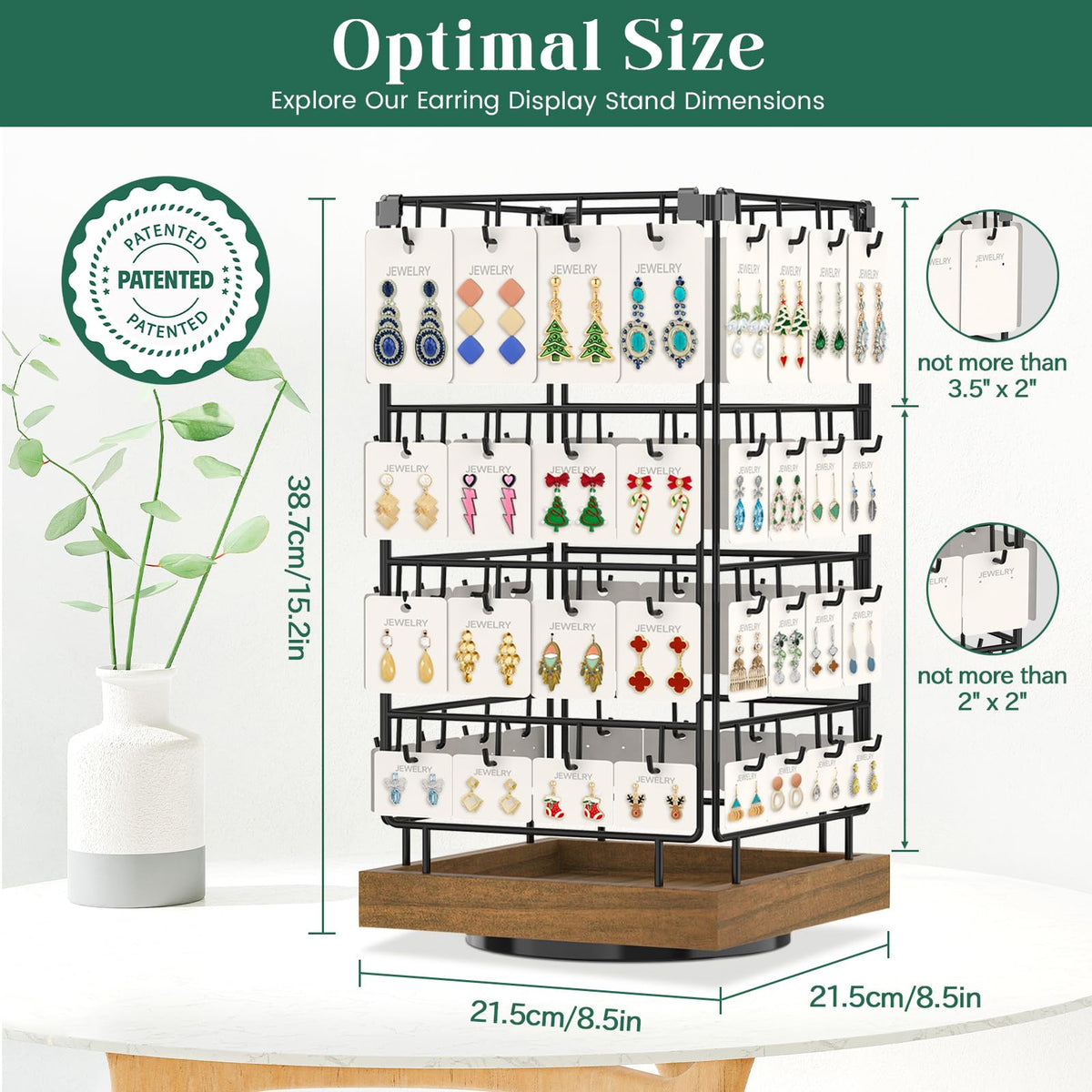 EsLuker.ly Rotating Earring Display Holder Stand for Vendors Events Selling, Large Capacity 64 Hooks Jewelry Rack with Wooden Base for Earring Card Sales, Enhances Retail Display Visibility