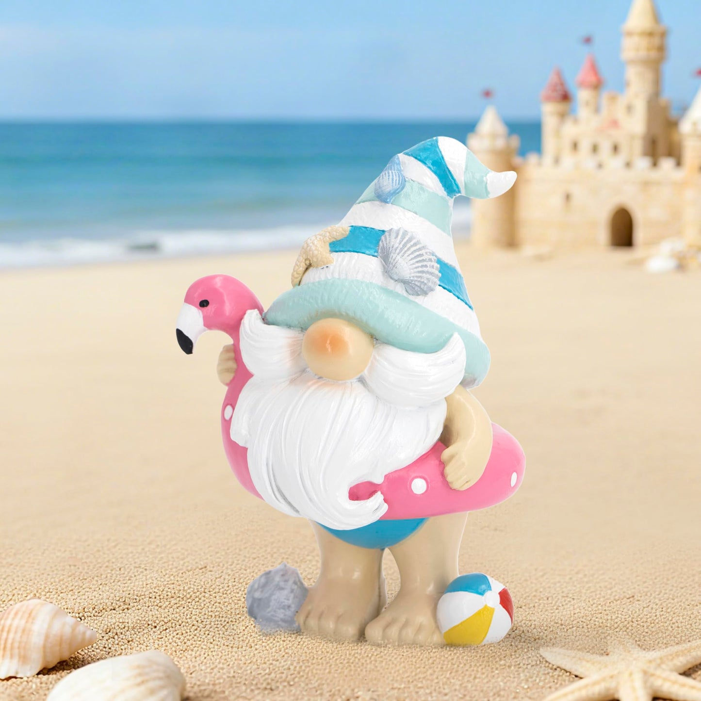 Hodao Coastal Ocean Gnome Decorations – Hand-Painted Resin Beach Gnome Figurine with Flamingo Float, Seashell Hat & Beach Ball, Summer Sea Decor Gift for Indoor Home, Bedroom & Tabletop Ornaments