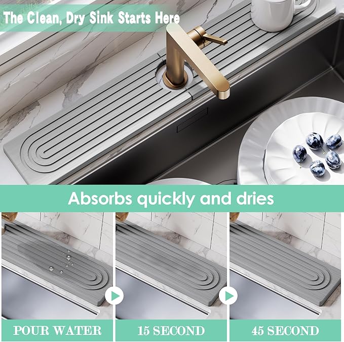 Stone Faucet Mat for Kitchen Sink, Diatomite Drying Stone Tray & Sink Protector