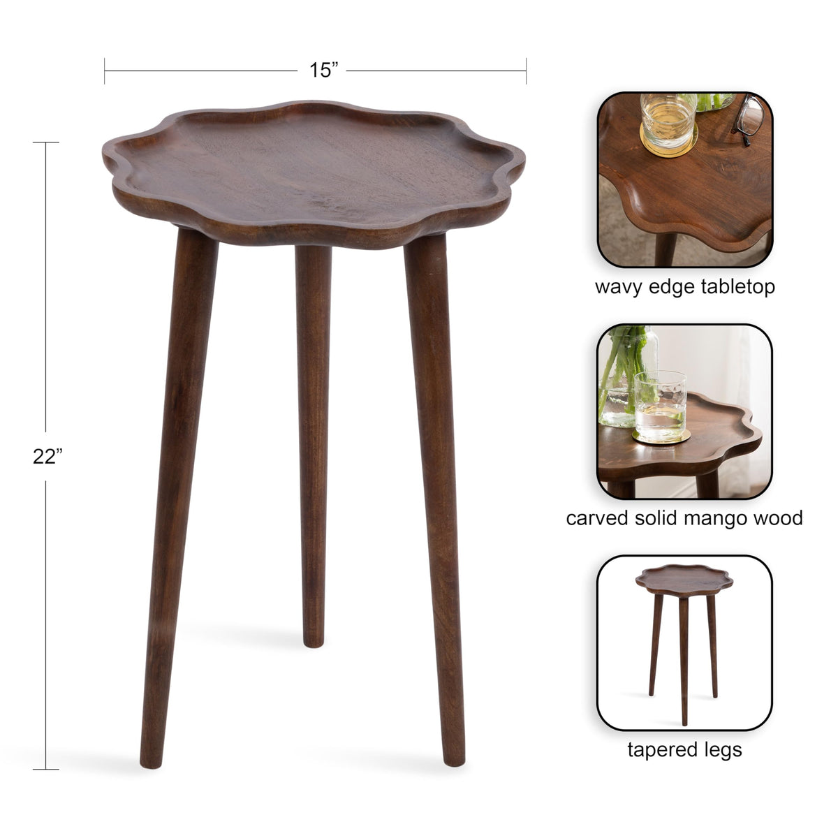 Kate and Laurel Alezar Modern Wooden Round Side Table, 15 x 15 x 22, Walnut Brown, Mid-Century Solid Wood End Table with Wavy Edge for Bedroom Nightstand or Living Room Accent Table