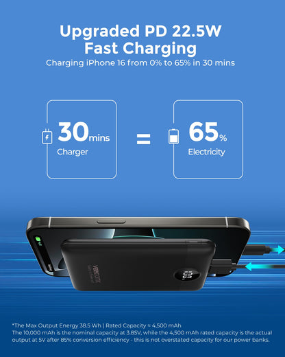 VEEKTOMX Small Portable Charger 10000mAh, Mini Power Bank 22.5W Fast Charging, Slim & Lightweight Travel Essentials, 3-Output External USB C Battery Pack Compatible with iPhone 17 16 15 (Dark Black)