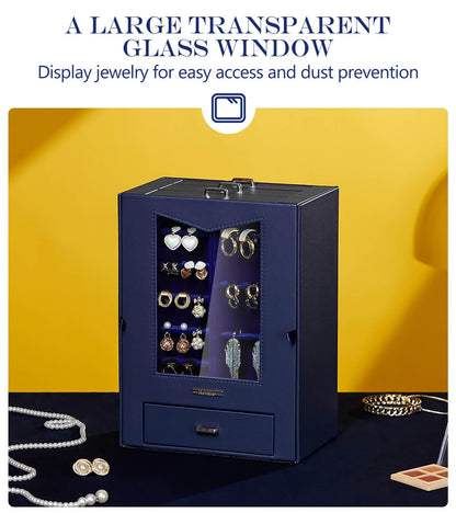 Homde Jewelry Organizer with Transparent Window Necklace Hooks Gift for Women Jewelry Box Display Case for Necklaces Rings Earrings Bracelets and Other Accessories (Dark Blue)