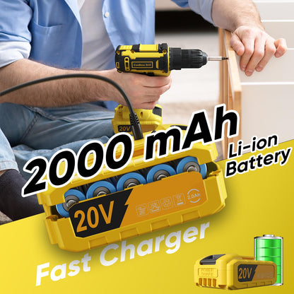 FAHEFANA Cordless Drill, 20V Power Drill with 25+1 Max 370 in-lb Torque, Electric Screwdriver Driver with Battery and Charger, 3/8" Keyless Chuck, 2000mAh Batteries Electric, 42Pcs Bits