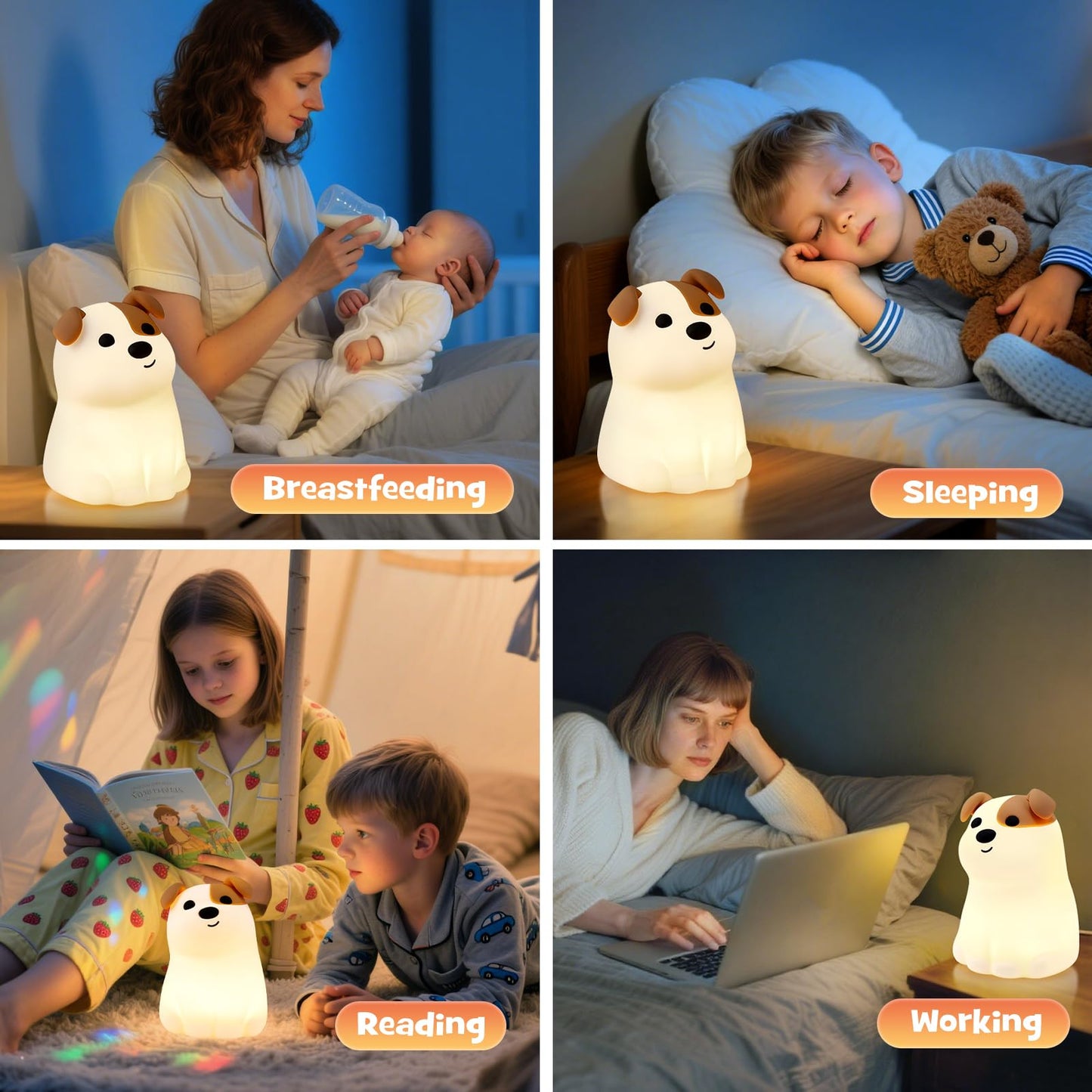 Squishy Puppy Night Light with RGB Mode 3 Brightness Adjustable Nursery Breastfeeding Nightlight Cute Novelty Smile Dog Animal Lamp Rechargeable Silicone Touch Bedside Lamp for Bedroom Dorm Decor