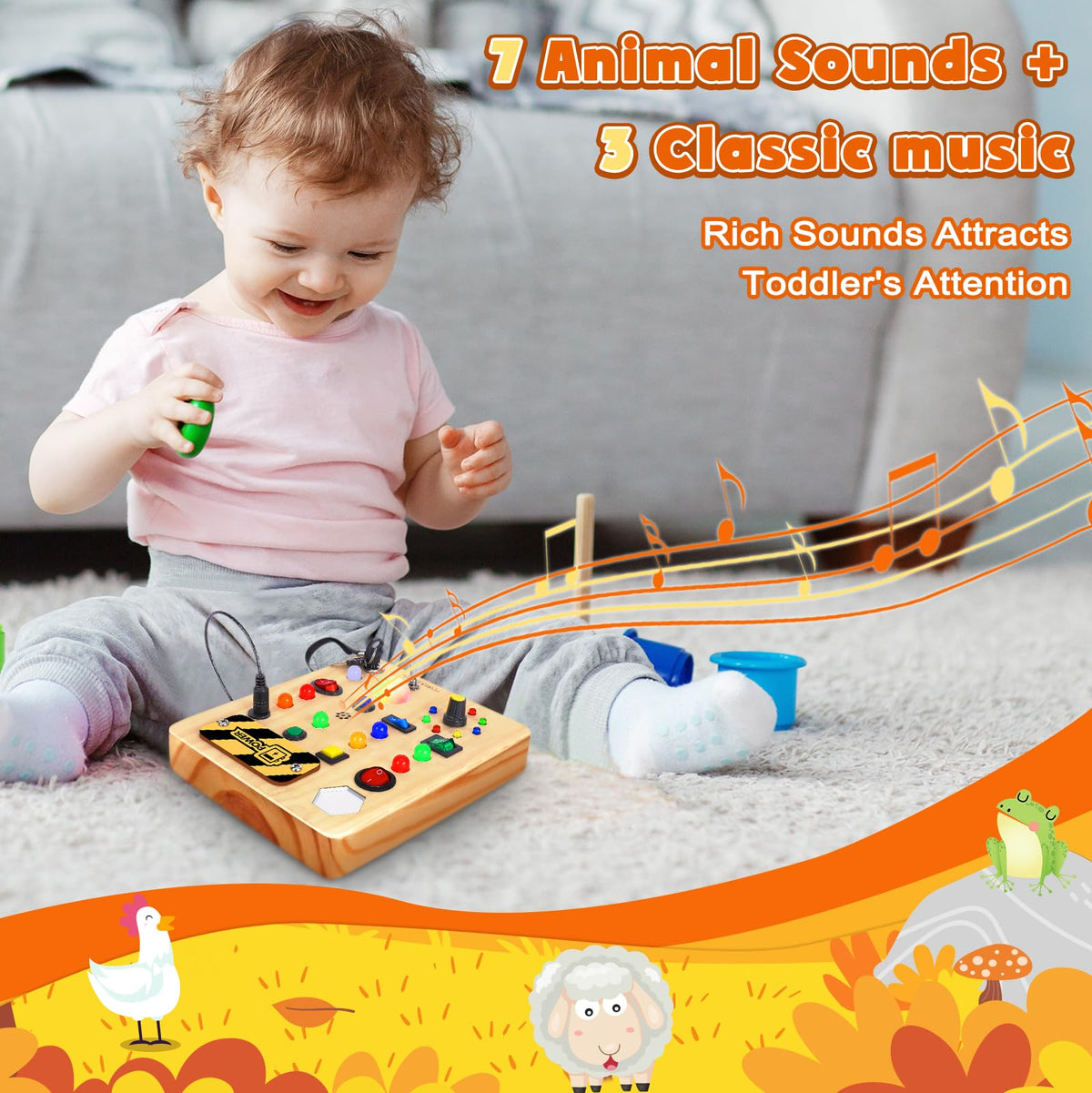TINTECUSA Busy Board with LED Light, Wooden Sensory Toys for Toddler, Montessori Music Toy for Airplane, Travel Activity Educational Learning Autism Toys, Birthday Boys Girls Gifts