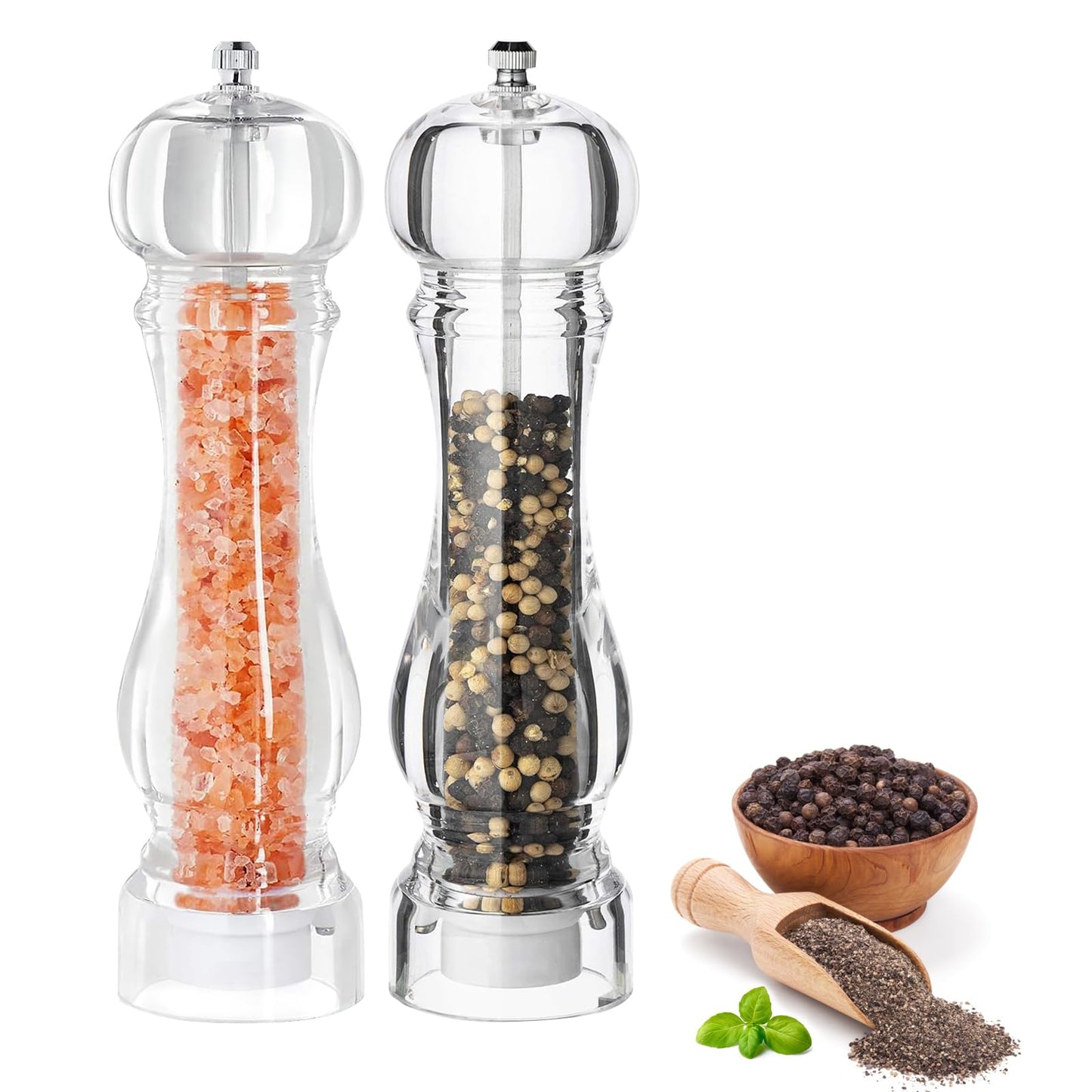 LHS Salt and Pepper Grinder Set, Manual Pepper Mills, 2Pcs Salt Grinder Peppercorn Grinders with Adjustable Coarseness-Clear