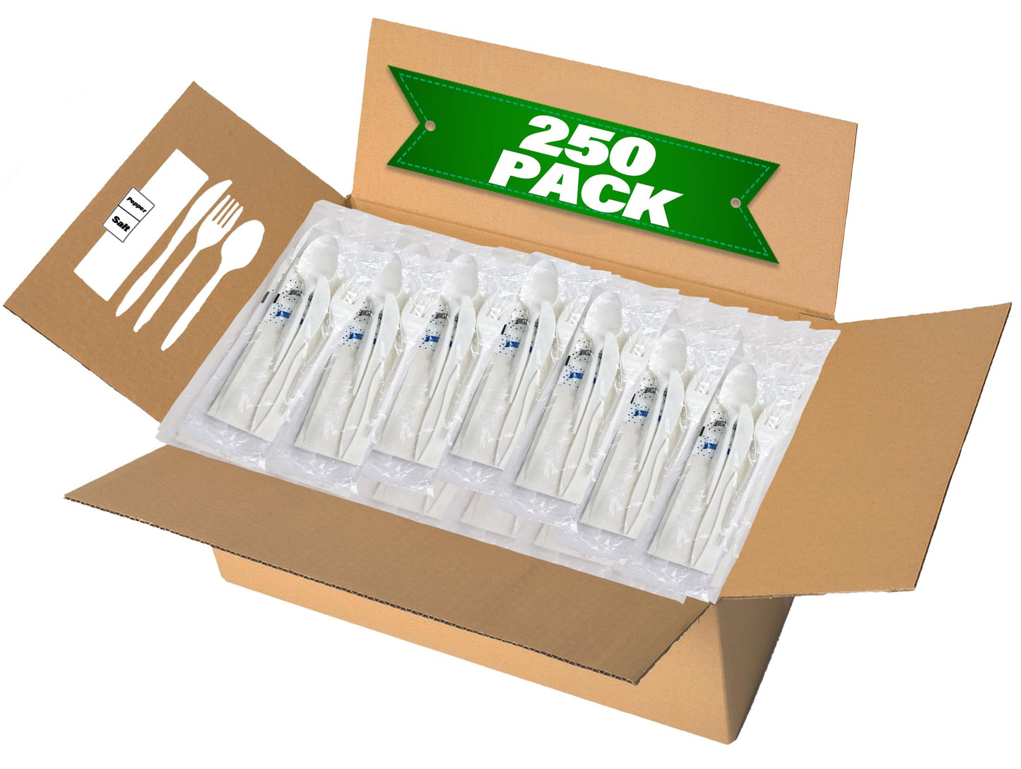 250 Pack Individually Wrapped Cutlery Set, Dispobasble Utensils Sets, White - Includes Disposable Cutlery Forks/Spoon/Knife/Napkin/Salt & Pepper - 250 Sets