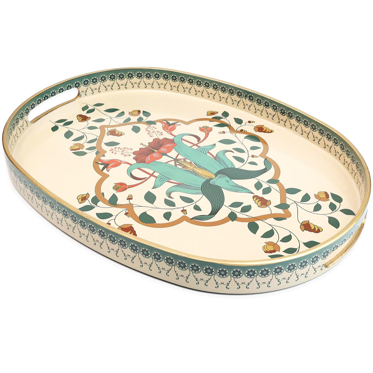 Omuriko Oval Plastic Serving Tray with Handles, Elegant Decorative Tray for Coffee Table, Ottoman, Living Room, Kitchen, Outdoor Use. 10"*16"*1.4" A