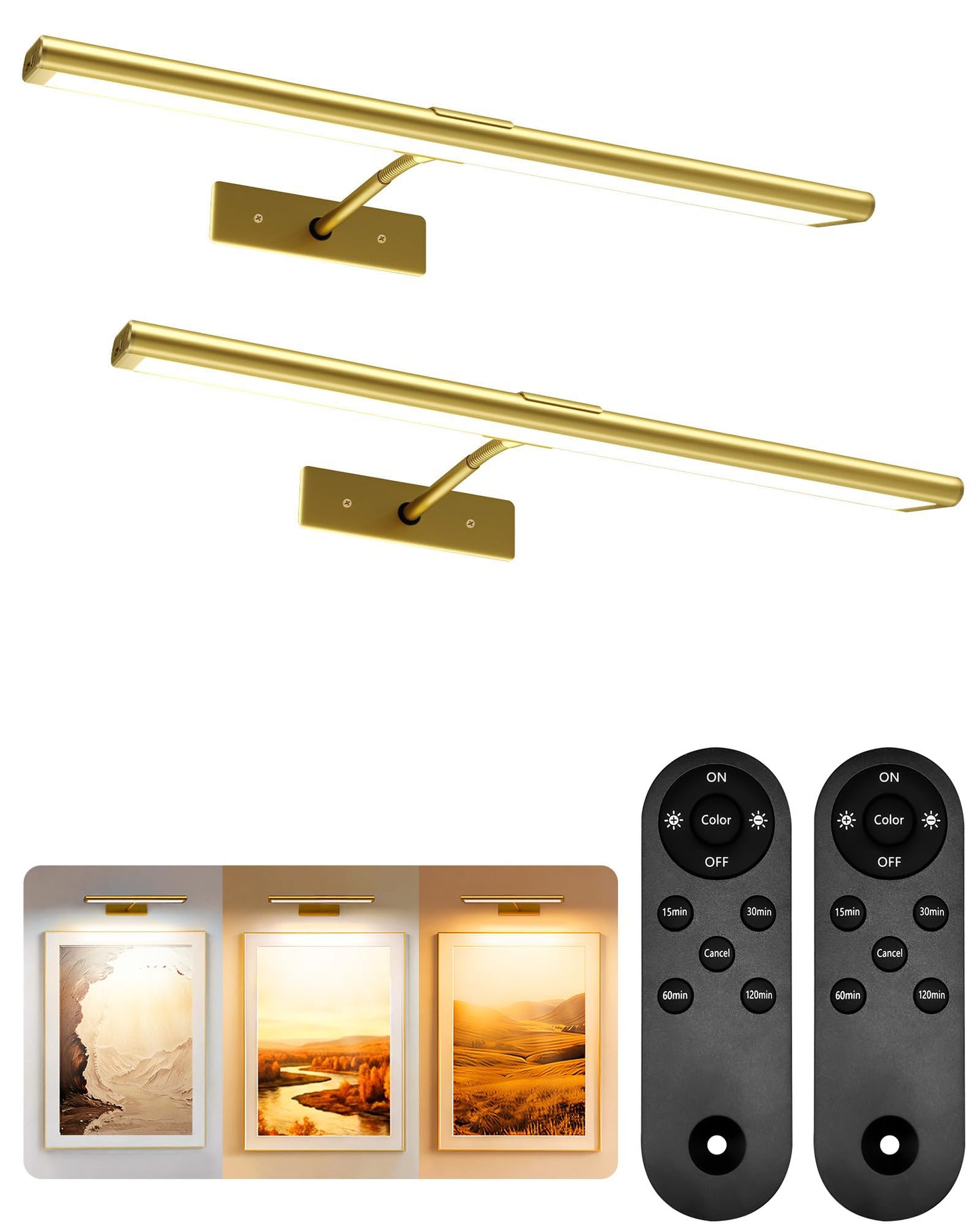 EZVALO Picture Light for Wall, 4800mAh Rechargeable Wireless Remote, Dimmable Magnetic LED Art Display Light with 3 Color Temperatures, for Gallery, Living Room, Bedroom, Hallway (Gold-2Pack)