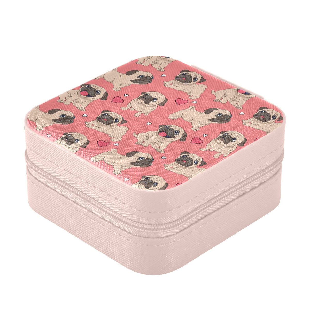 ZZKKO Funny Cartoon Pug Puppy Small Jewelry Box Travel Jewelry Case Leather Jewelry Travel Organizer Mini Portable Storage Boxes for Womens Rings Necklaces Gifts Pink
