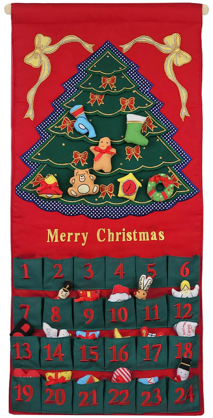 Merry Christmas Green Tree Advent Calendar by Pockets of Learning | Festive Holiday Décor, Seasonal Fabric Wall Hanging | Cloth Christmas Countdown w/ 24 Stuffed Cloth Ornaments