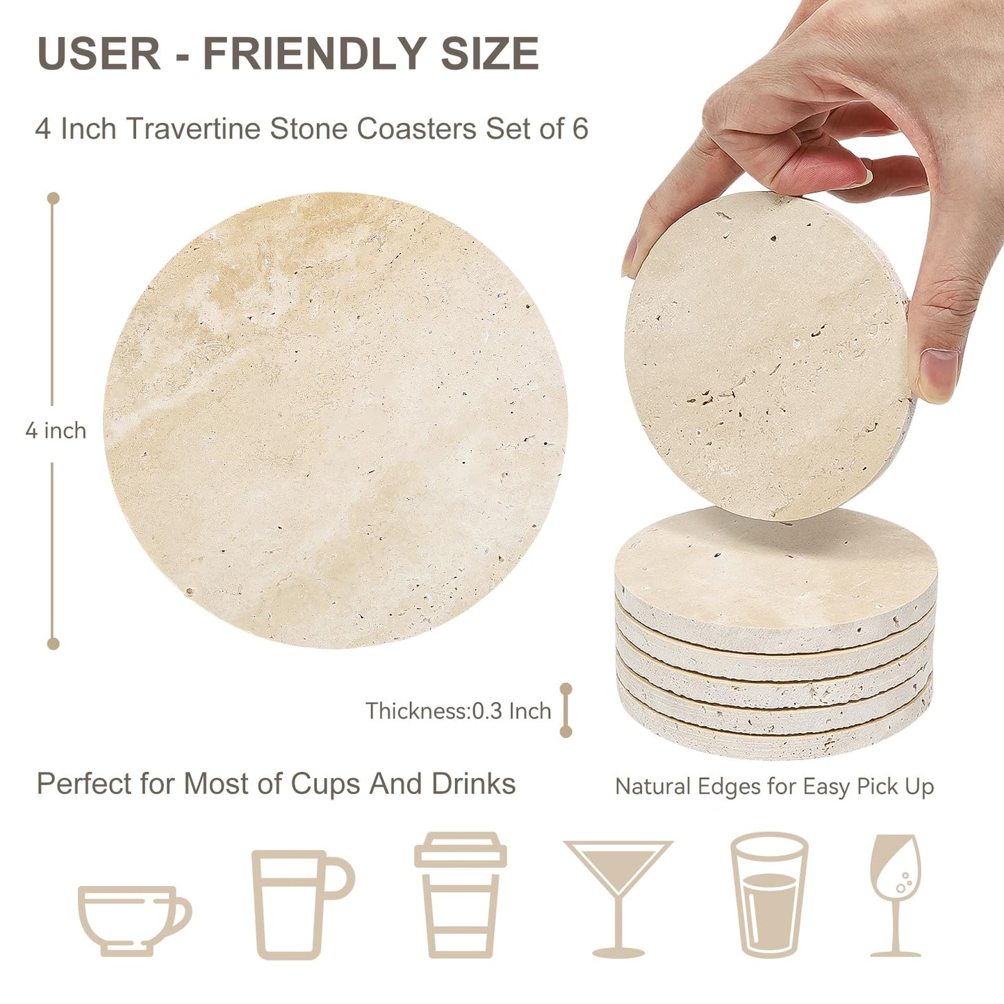 YONGHEE Italian Travertine Coasters Set of 6, Farmhouse Rustic Neutral Style Marble Drink Coasters for Coffee Table Decor, 4 Inch Round Porous Natural Stone Absorbent Coaster, Housewarming Gift