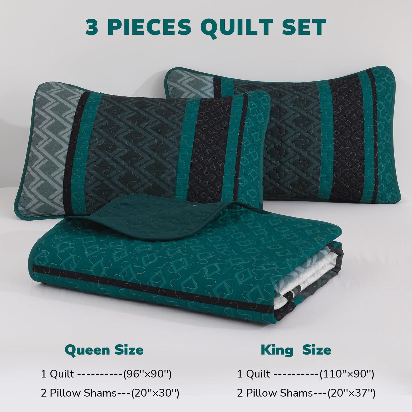 Dinjoy Boho Quilt Set King, Soft 3 Pieces Striped Bedspreads, Dark Green Bedding Sets Micofiber Lightweight Quilts with 2 Pillow Shams Coverlet Bed Sets for Women Men 110''x90''