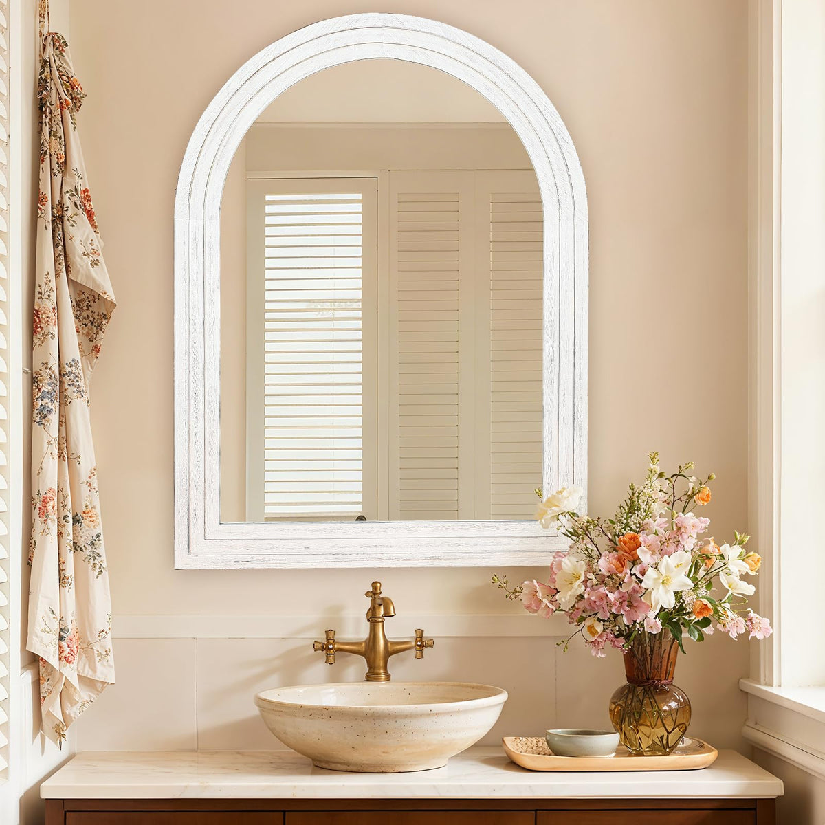 LXWZHK 40"x30" Arched Wooden Frame Wall Mirror, Rustic Vanity Wall Mirror for Bathroom, Bedroom, Rustic White