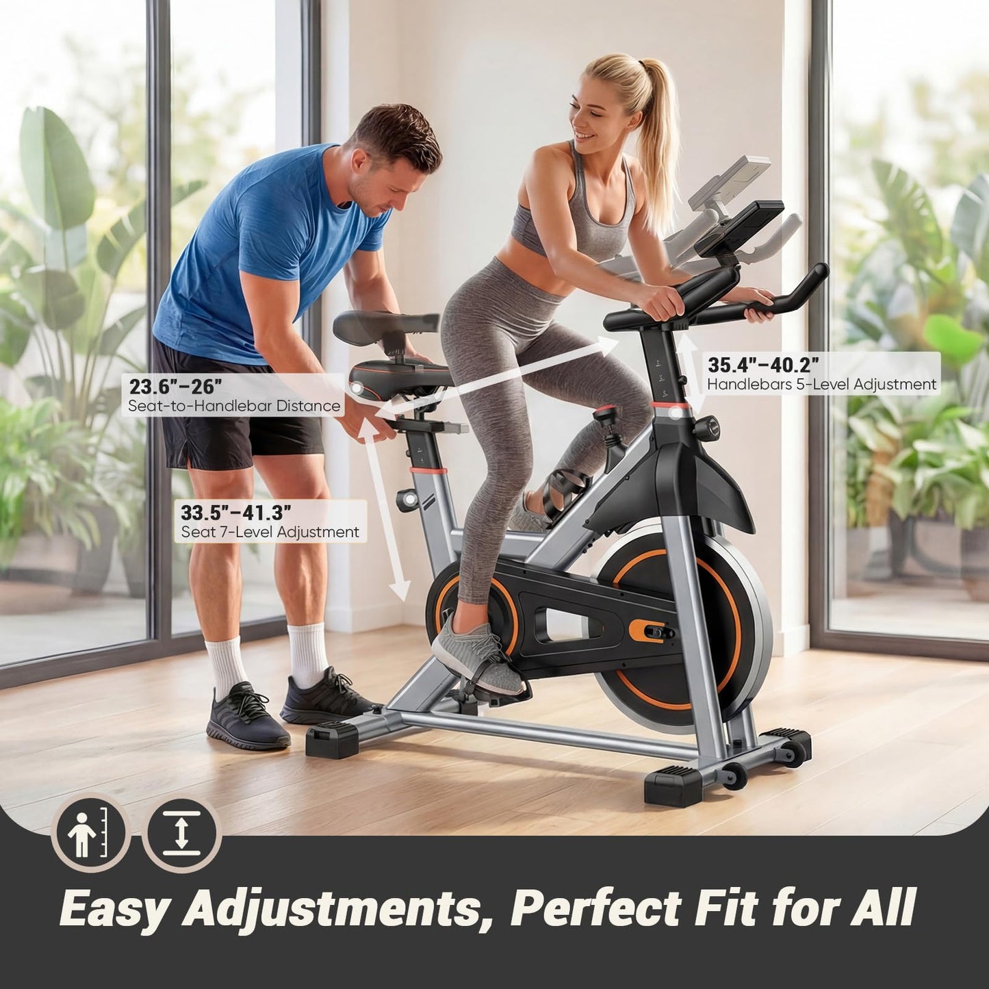 DUMOS Exercise Bike with APP, Stationary Bikes for Home, Workout Bike for Adults & Seniors, Adjustable Height and Resistance, Low Noise, 265lbs Weight Capacity, Easy Setup, Silver&Orange