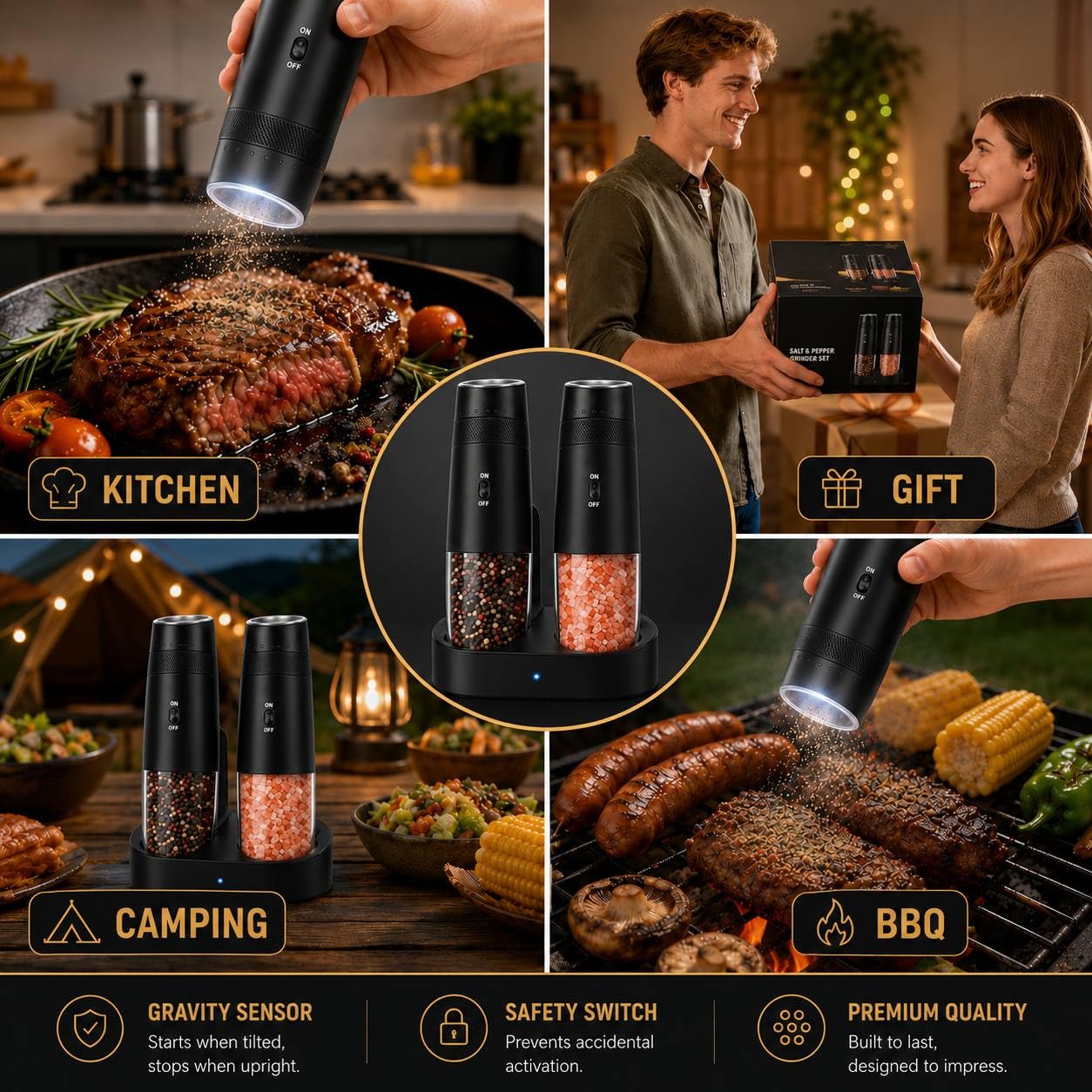 Electric Salt and Pepper Grinder Set 2 Pack, Rechargeable Automatic Gravity Grinder with USB Charging Base, One-Hand Operation, Adjustable Coarseness, LED Light, Black