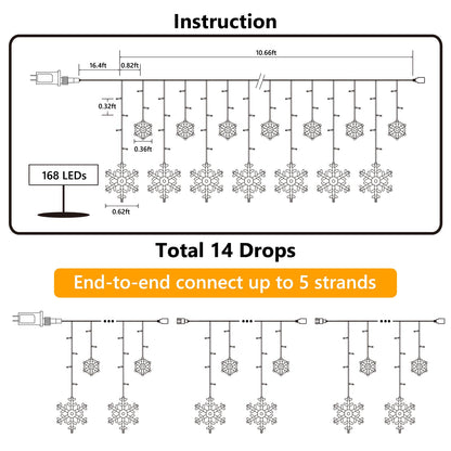 Christmas Snowflake Lights, 10.66ft 168 LED Icicle Lights Outdoor with 14 Drops, 8 Modes Waterproof Connectable Christmas Light for Eaves Wedding Garden Yard Indoor Xmas Decor (White & Icicle Blue)