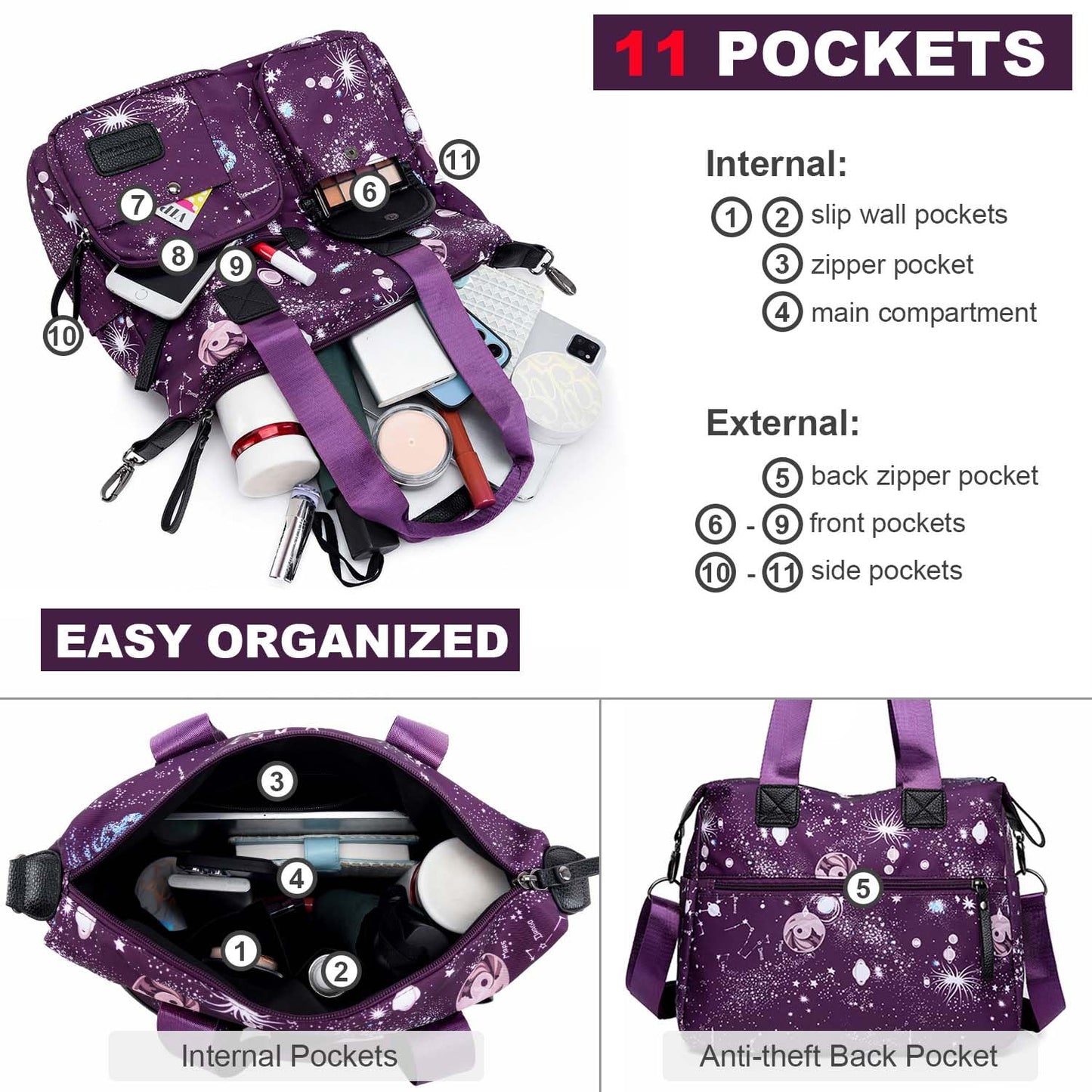 Women's Tote Bag with Multiple Pockets & Zipper,Nurse Bags for Work Nursing Bag,Nylon Tote Handbag for Women,Large Shoulder Handbag Purse,Waterproof Galaxy Cross body Bag for Travel (Purple)