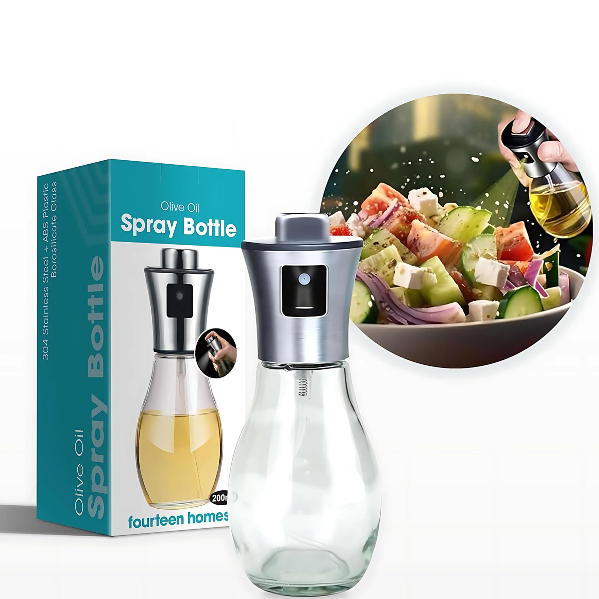 Fourteen Homes Oil Dispenser Bottle - Olive Oil Sprayer - Clear Glass Refillable Oil & Vinegar Dispenser with Measuring Scale Pump for Kitchen, Cooking, Salads, Baking, Frying -200 ml