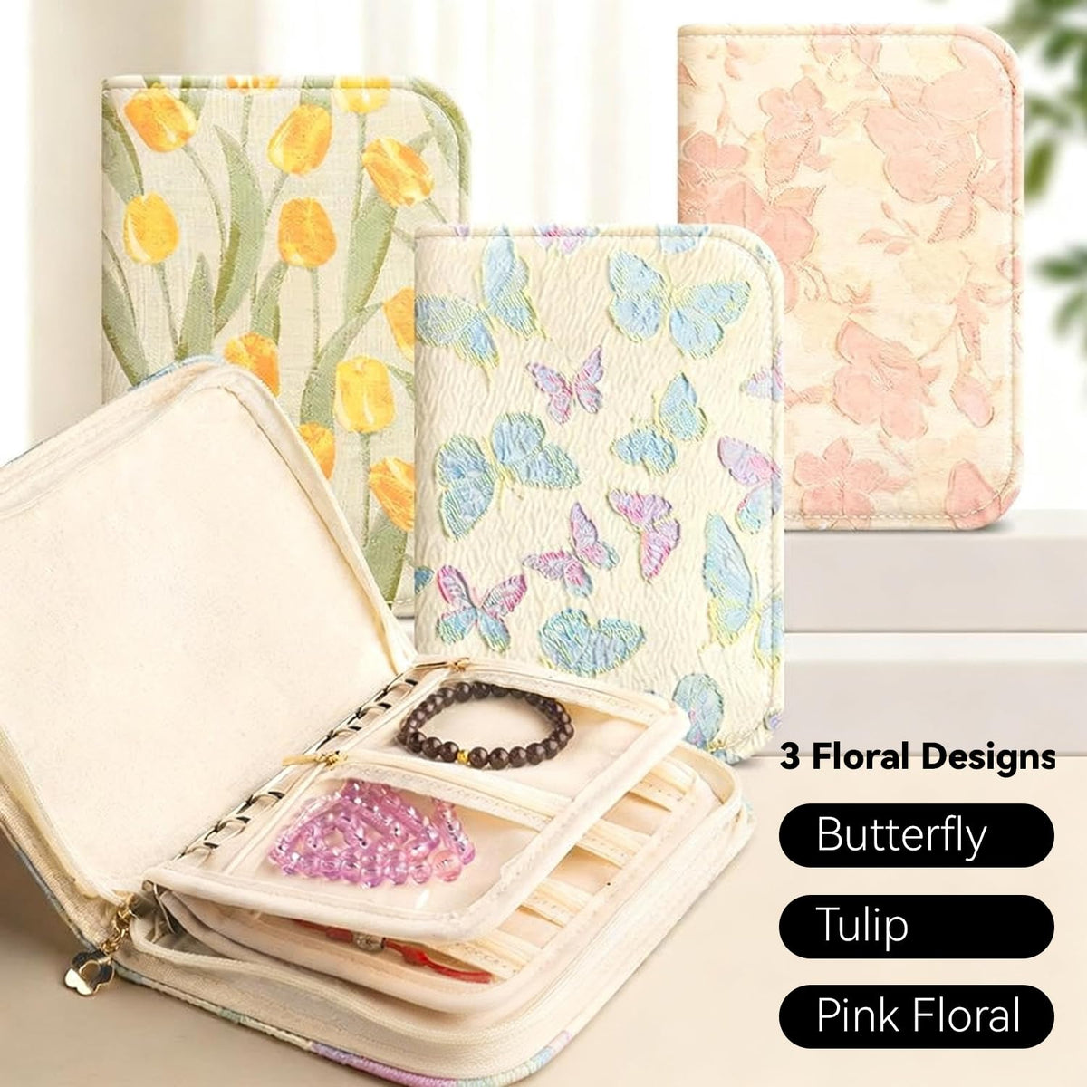 Travel Jewelry Organizer Booklet with 5 PCS Pages & 12 Zippered Pocket, Portable Jewelry Storage Pouch with PVC Windows – Mini Jewelry Travel Case for Necklaces, Rings & Earrings (Pink Floral)