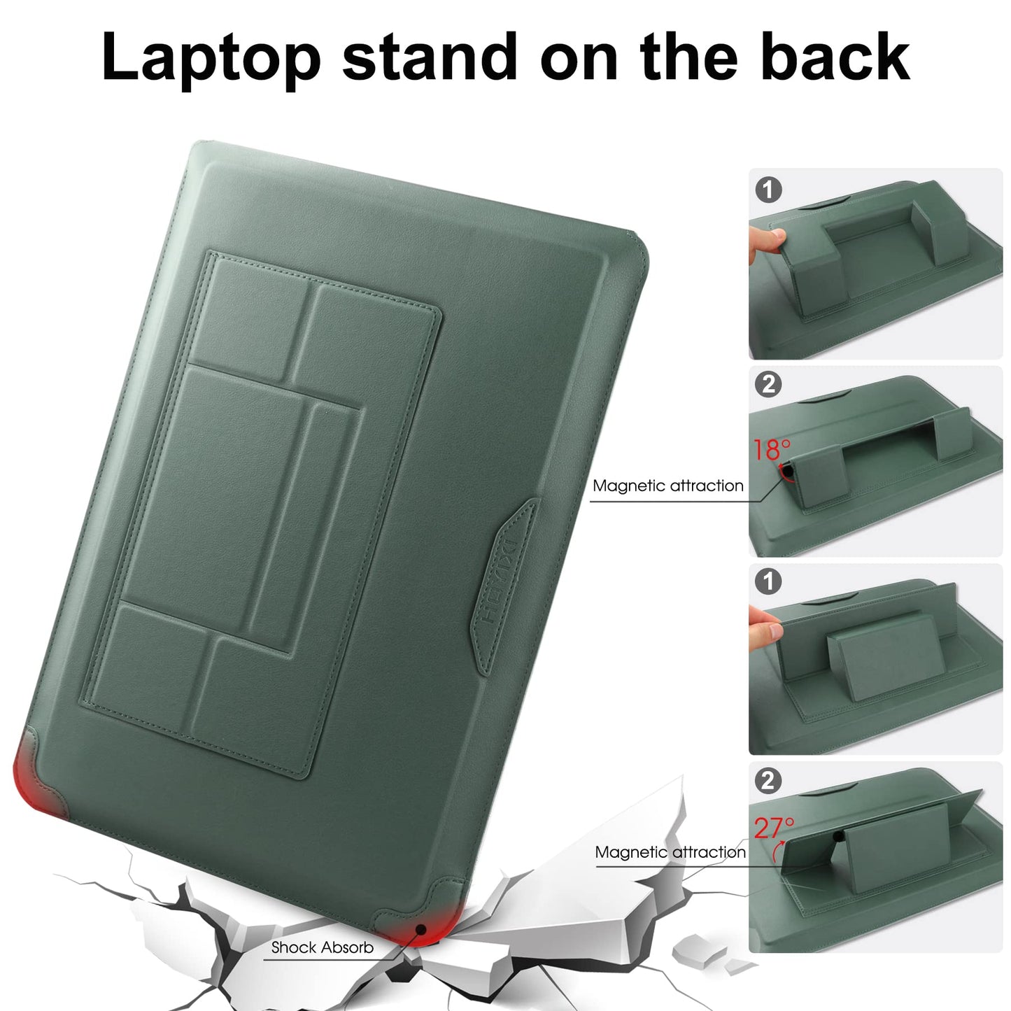 HoYiXi 14 Inch Laptop Sleeve Case Leather Bag with Stand Compatible with MacBook Pro 14 2021/ASUS Vivobook 14/HP Pavilion X360/Lenovo IdeaPad 14/Dell Lenovo HP ASUS Acer HUAWEI Matebook 14'' PC, Green