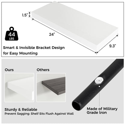 Venusmiles Floating Shelves for Wall, Engineered Wood Wall Shelves with Invisible Brackets for Living Room Bedroom Bathroom Office Kitchen Decor and Storage (White, 24" W x 9" D x 1.5" H) Set of 2