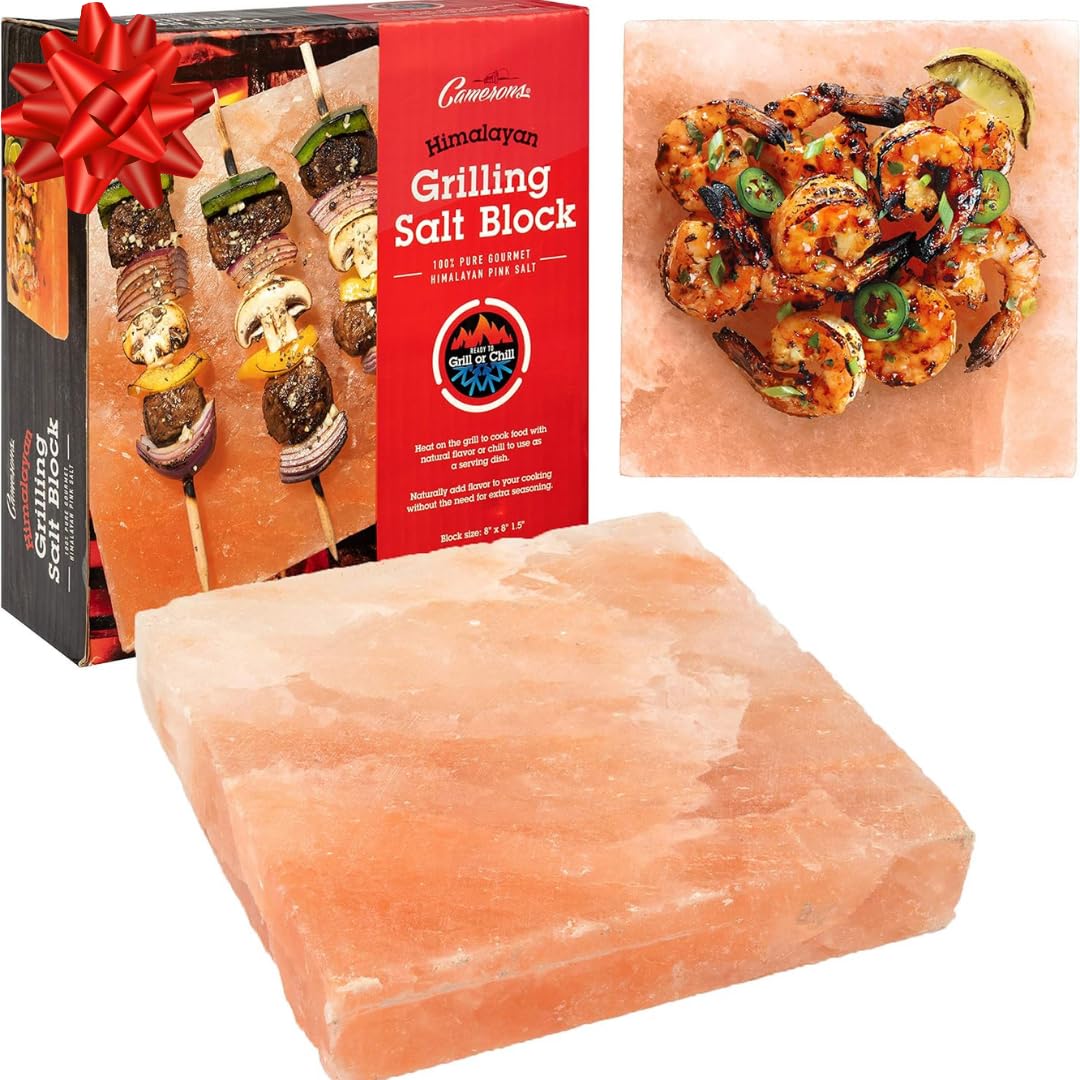 Camerons Himalayan Pink Salt Block for Grilling (8"x8") - Barbecue Grill Slab Maintains Even Temperature Hot or Cold - Naturally Adds Salty Flavor to Cooking - Barbecue Grilling Fathers Day Gift