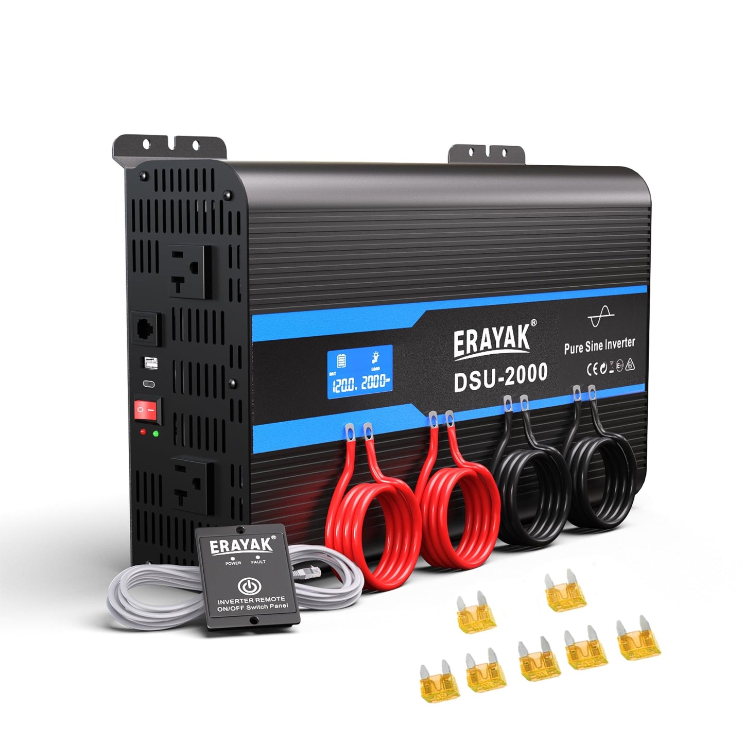 Erayak 2000W Pure Sine Wave Power Inverter 12V DC to 110V 120V AC Converter for Home, RV, Truck, Off-Grid Solar with 18W USB-C, Fast Charger, LCD Monitor, 6m Remote Controller