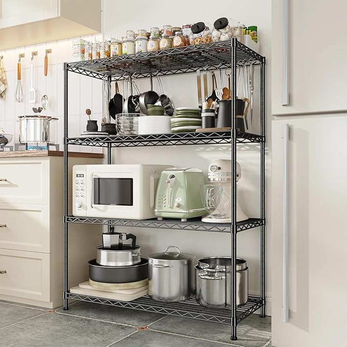 Xcity Storage Shelves, 4 Tier Heavy Duty Metal Shelving Unit with Wheels, 1600 LBS Capacity Adjustable Steel Wire Shelf Organizer for Pantry, Kitchen, Garage, 18" D x 36" W x 60" H, Black