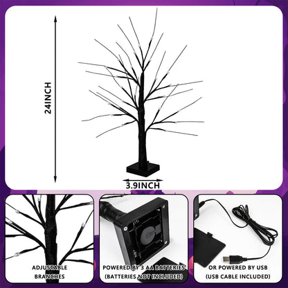 Halloween Decorations Indoor, 2-Pack 2FT Lighted Black Halloween Tree with 48 LED Orange & Purple Lights, Timer Function Battery Operated Halloween Trees Lights Spooky Tree for Tabletop Home Party