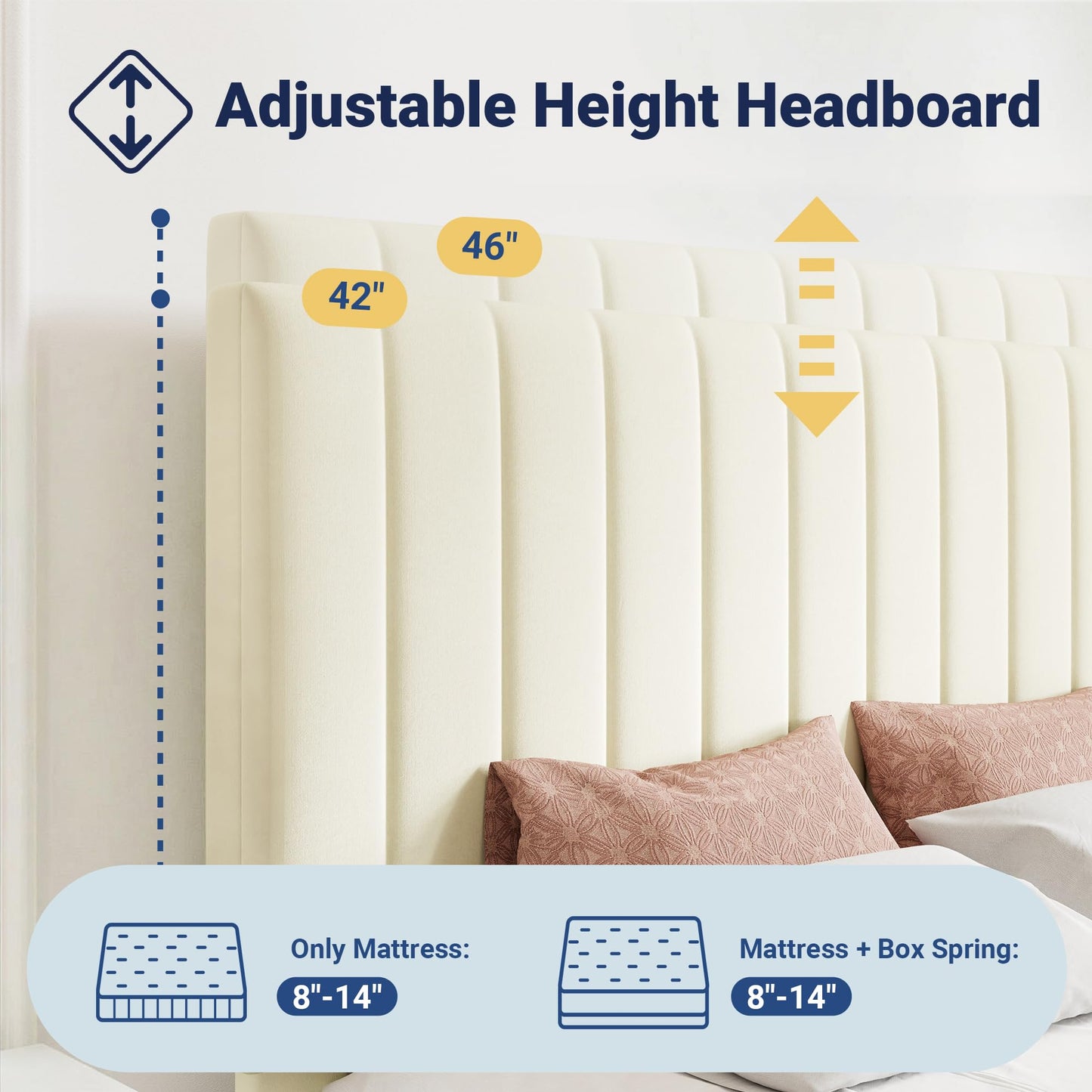 Allewie Full Size Storage Bed Frame, Vertical Channel Tufted Adjustable Headboard, Velvet Upholstered Platform Bed with 4 Oversized Underbed Drawers, Wooden Slats Support, No Box Spring Needed, Cream