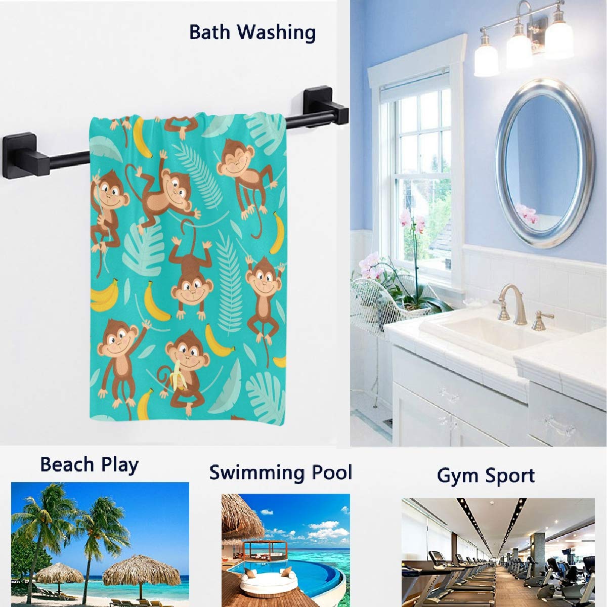 Naanle Tropical Cute Cartoon Monkey Banana Print Soft Highly Absorbent Large Decorative Hand Towels Multipurpose for Bathroom, Hotel, Gym and Spa (16 x 30 Inches)