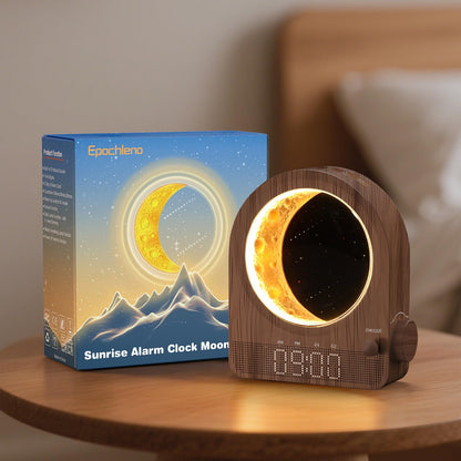 Epochleno Sunrise Alarm Clock, White Noise Machine & Meteor Moonlight - 10 Soothing Sounds, Dual Alarms, 30/60/90min Timer, Easy Snooze - Bedroom Gift for Insomnia Adults/Women - Walnut