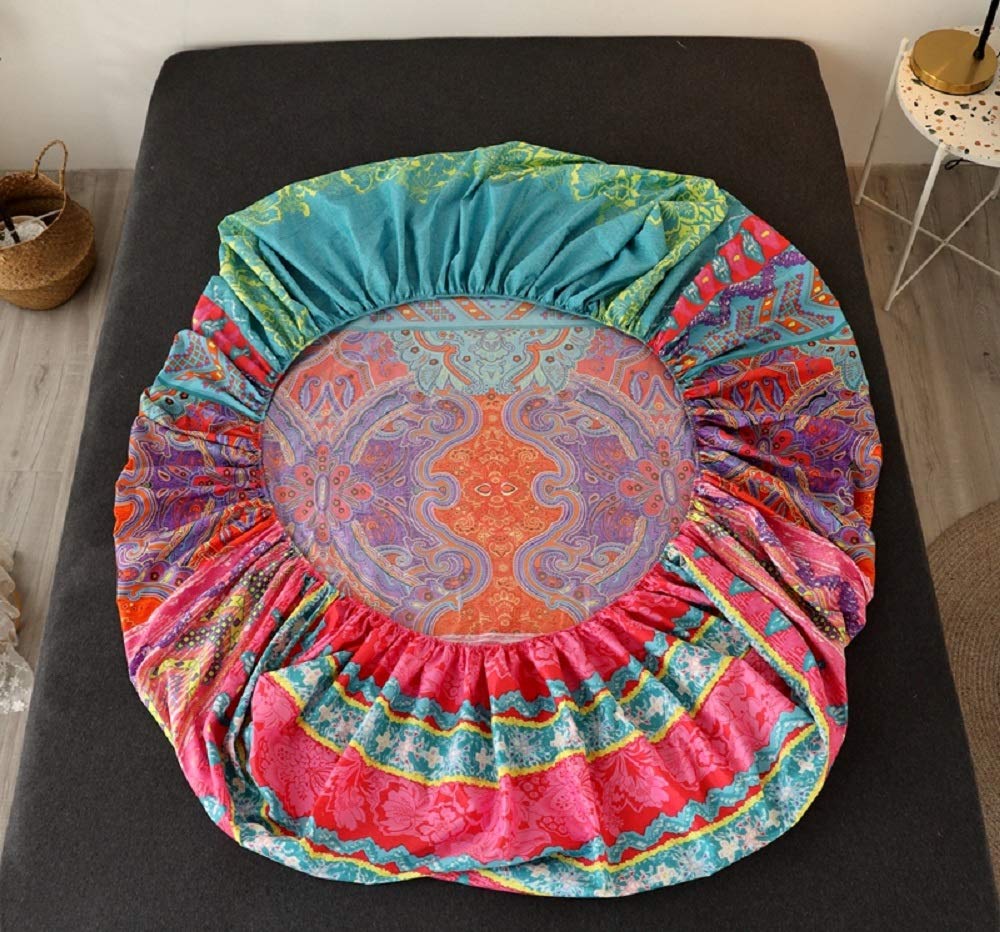 Bedding Fitted Sheet with Deep Pocket,Bohemian Printed Soft Fabric Bed Bottom Sheets (Red(Boho), Queen)